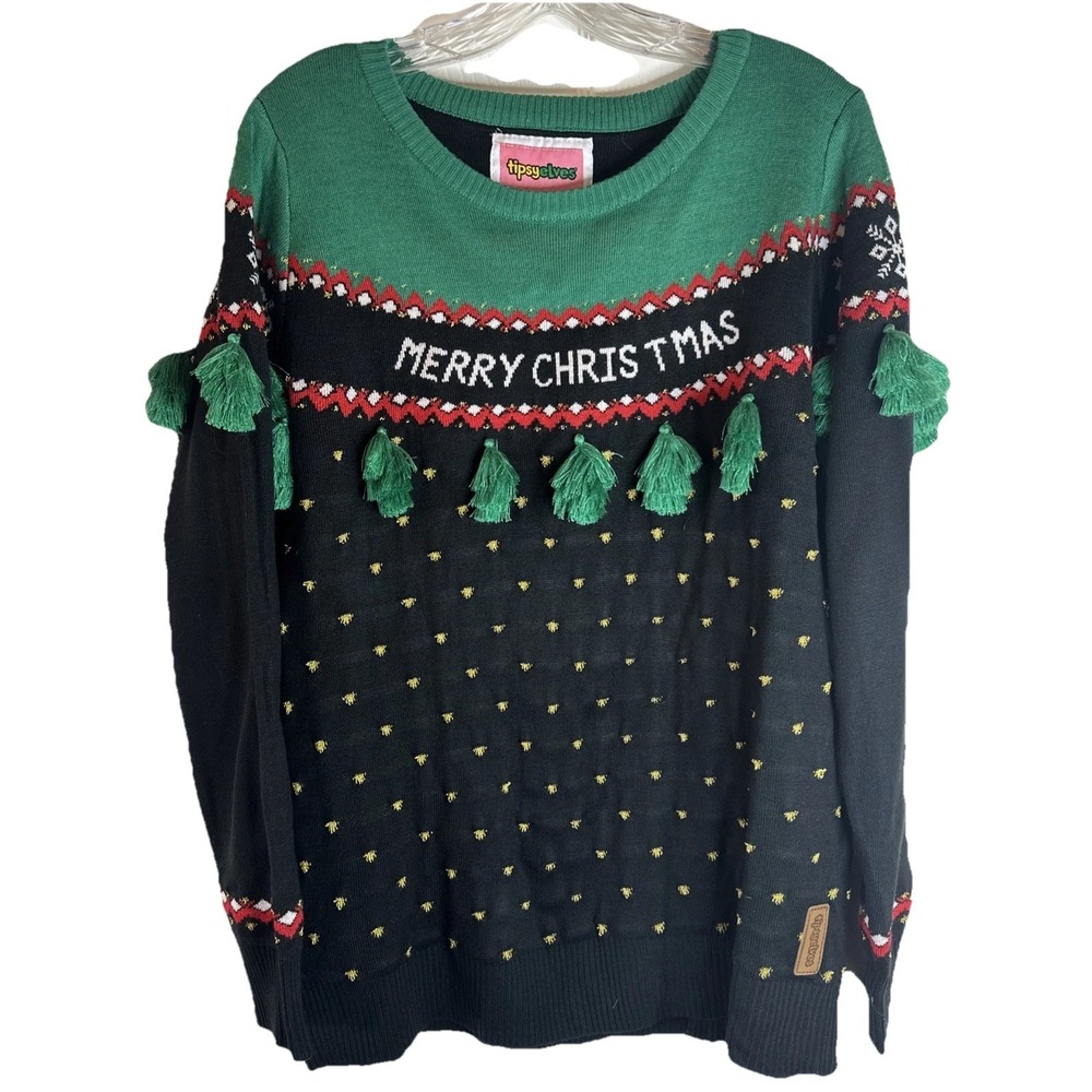 TIPSY ELVES Green Black Tassel Christmas Holiday Sweater Size Large